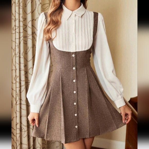 Women's Bodycon Contrast Color 2In1 Dress Turndown Long Sleeve Flare - Picture 1 of 4